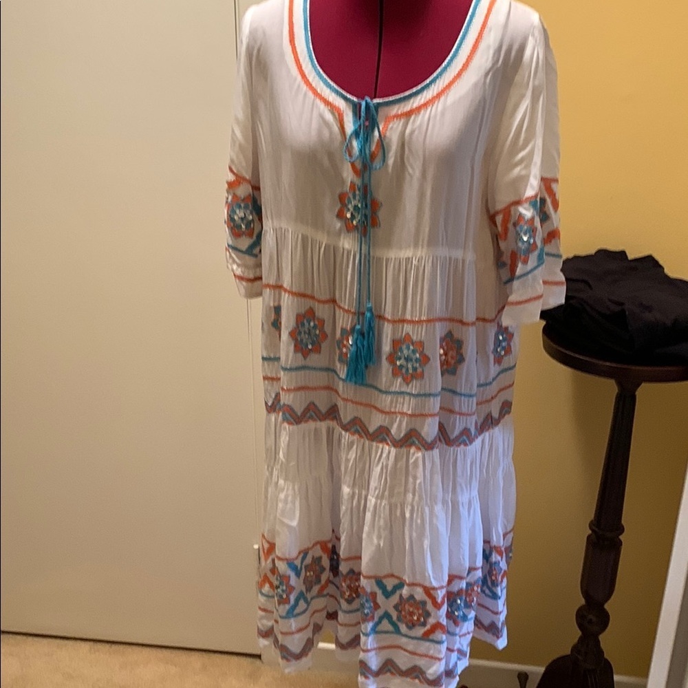 Ruby Yaya Santorini Embroidered White Flutter Sleeve Midi Sundress